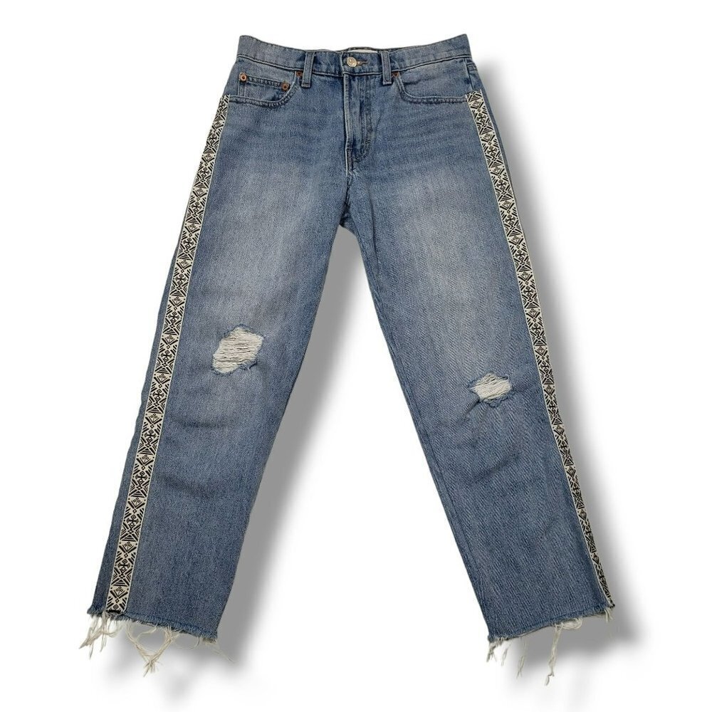 Lucky Brand Relaxed Tapered Jeans Womens 0 Distressed Fray Side Stripe Boho